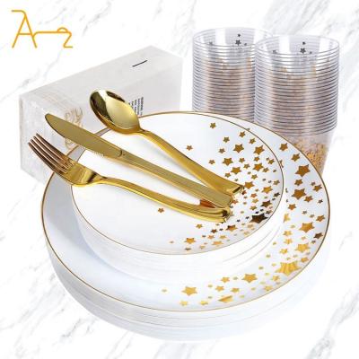 China Luxury Elegant High Quality Modern Disposable Convenience Dinnerware Sets Elegant Plastic Fancy Emboss Gold Dinner Plates Wedding Cutlery for sale