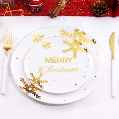 China Luxury Elegant Custom party buffet banquet gold disposable plastic plates wholesale fancy round plastic dinnerware set for wedding for sale