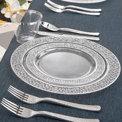 China Luxury Elegant Wholesale Party Banquet Disposable Plastic Plates Rose pink Hollow Lace Design Party Tableware Sets Gold Disposable Tableware for sale