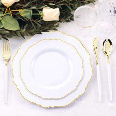 China Luxury Elegant Order Online Good Quality Disposable Rose Gold Rim Dinnerware Set, Gold Edge Plastic Plates For Wedding Party for sale