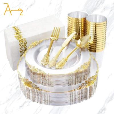 China Luxury Elegant Wholesale party wedding 13 inch disposable dinner plate elegant decoration white gold rim plastic charger plates for sale