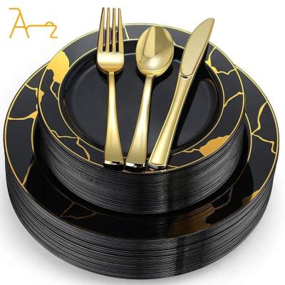 China Luxury Elegant Hot Selling Elegant Black Disposable Plastic Plates Wedding Decoration Dessert Salad Catering Dinnerware Sets for sale