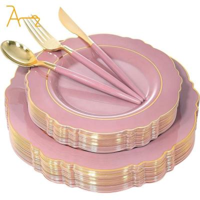 China Luxury Elegant Hot Selling Bulk Sales Plastic Dinner Plates Set Cutlery Pink  Gold Rim Disposable Plastic Plate For Wedding Party for sale