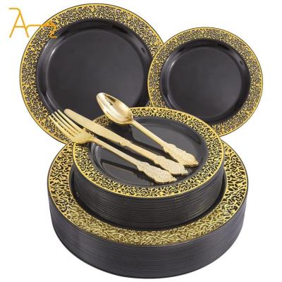 China Luxury Elegant Custom luxury black gold rim plastic plates sets cake dessert dinner wedding party round disposable plates in bulk for sale