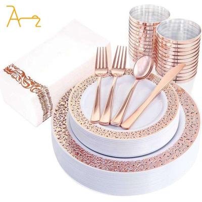 China Luxury Elegant Customize Gold Rimmed Disposable Plastic Dinnerware Sets Include Fork Spoon And Knife Cup For Weeding Party Charger Plates for sale