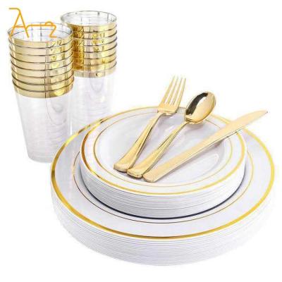 China Luxury Elegant Custom Round Luxury Disposable Gold Plastic Dinnerware Set, dessert plates, silver cutlery 9 oz cup for wedding Party for sale