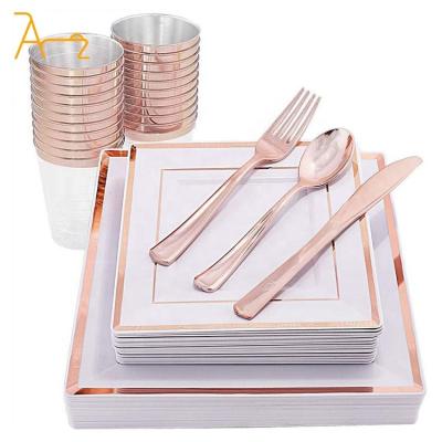 China Luxury Elegant Rose Gold Rimmed Disposable Plastic Square Dinnerware Sets Include Fork Spoon,Knife Cup For Wedding Party Plastic Charger Plates for sale