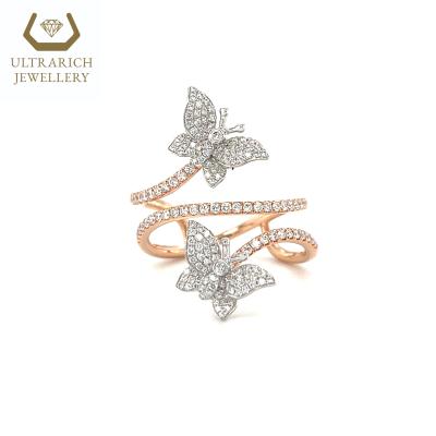 China 2021 FASHIONABLE Design Diamond Butterfly Ring Natural 18K Rose Gold Custom Fine White Jewelery for sale