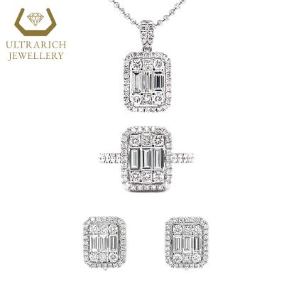 China FASHIONABLE Emerald Cut Illusion Real Diamond Ring Earring Pendant Set Wholesale 18K Gold for sale