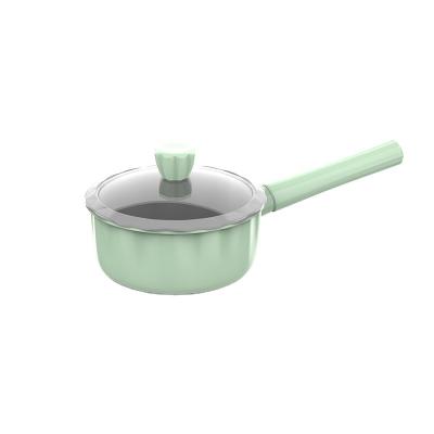 China 16/18cm Sustainable Die Cast Sauce Pan With Glass Lid Phenolic Aluminum Nonstick Coating Handle And Knob With Wood Printing Sauce Pan for sale