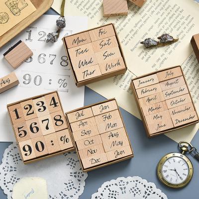 China Classic Decoration School Student Kids Craft Diy Wood Stamps Diary Set Planner Diy Decorative Date Time Groups Set Stationery for sale