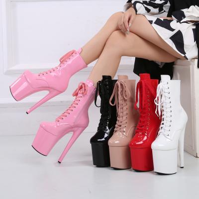 China PU Patent Leather 20cm Pole Dance Shoes Super Waterproof Platform Platform Night Club Short High Heels Boots Women GG901 for sale