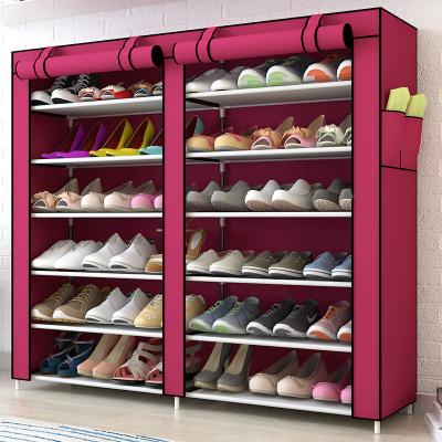 China DIY 12 Grids 4 Colors Convertible Steel Pipe Gather Folding Nonwoven Fabric Shoe Cabinet with Curtain for Living Room or Doorway Shoe Rack for sale