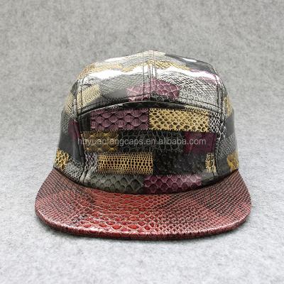 China Waterproof Custom White PU Leather Satin Lining 5 Panel Hat With Metal Strap Back for sale