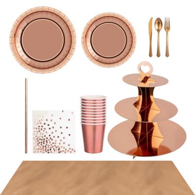 China Home.Restaurant.Bar.Hotel.Wedding Disposable Party Set Disposable Rose Gold Cake Plate Fork Knife Birthday Party Plastic Disposable Tableware Sets for sale