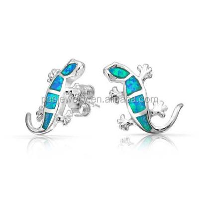 China PED fine jewelry cute! Japanese Synthetic Blue Opal Lizard Gecko Stud Earrings Christmas Gifts for sale