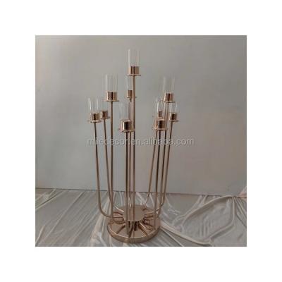 China Weddings Wholesale Candelabra Centerpieces Gold Metal Candlestick Glass Stands For Table for sale