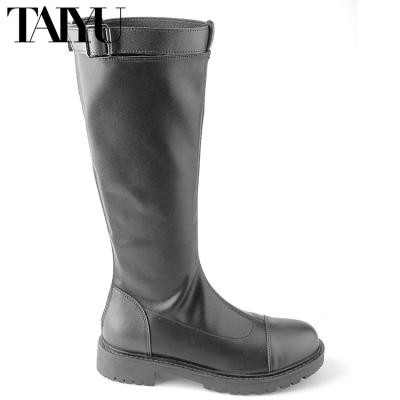 China Fashion Trend Female Winter Genuine Leather Chunky Heel Boots Knee High Elastic Low Plus Size Outdoor Black Long Women Boots for sale