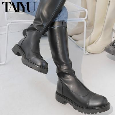 China Fashion Trend Genuine Leather Goods Above Ankle Women Winter Boots Black Booties Heel Flat Lady Pu Leather Women Boots Shoes To Work Boots for sale