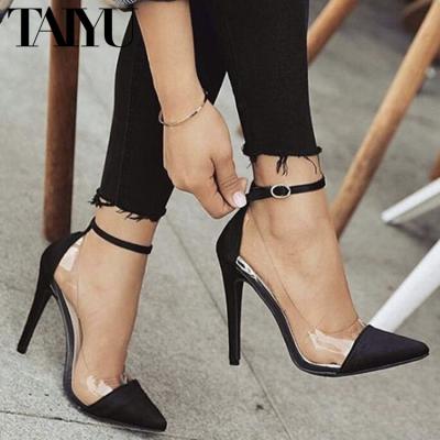 China Factory Direct Supply Lightweight Pointed Toe Stilettos Heel Shoes Belt Buckle Clear Pumps Heels High Heel Shoes With PVC for sale