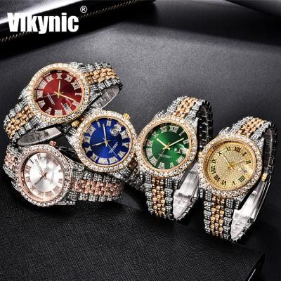 China Auto Date 22K Gold Plated Luxury Hip Hop Wristwatches Micro CZ Stainless Steel Strap Clock Hours Men Iced Out Watch Quartz Watch for sale