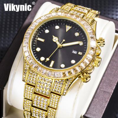 China Luxury men's quartz watch men's quartz watch luminous calendar fashion hip-hop diamond ice watch waterproof CZ diamond for sale