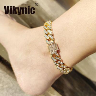 China Hip Hop Hip Hop 18K Gold Plated CZ Diamond Chain Cuban Anklet Cubic Zircon Iced Out Cuban Link Anklet for sale