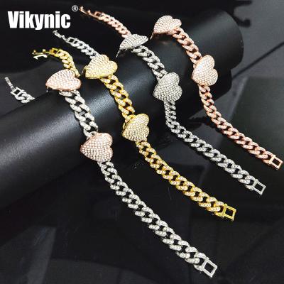 China Hiphop Hip Hop Gold Plated 8mm Diamond Chain Two Heart Cuban Link Chain Cubic Zircon Iced Out Cuban Link Chain Anklet for sale