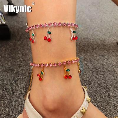 China Custom Luxury Cuban Link Cuban Link Chain Anklets Hip Hop Diamond Tennis Chain Cherry Dangle Anklets Hiphop Jewelry for sale