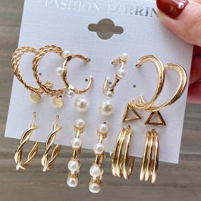 China 2021 Hot Selling Trendy Trendy Gold Metal Earrings Set Shape Geometric Pearl Circle Drop Earrings Set Earrings Jewelry For Women for sale