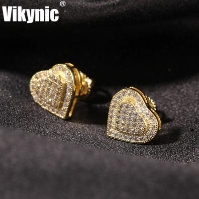 China Luxury Hiphop Hip Hop Heart Fully Iced Out Cubic Zirconia Bling Stud 925 Sterling Silver Stud Earrings for sale