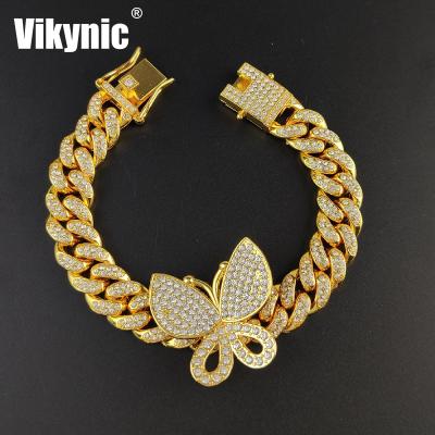 China Hiphop 18K Gold Plated Cubic Zirconia Bracelet Diamond Chain Butterfly Iced Out Cuban Link Bracelet for sale