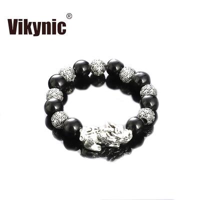 China Dragon Lucky Charm Pixiu Bracelet New Silver Plated Pixiu Obsidian Bead Feng Shui Bracelet Feng Shui Good Luck Vintage Bracelet for sale