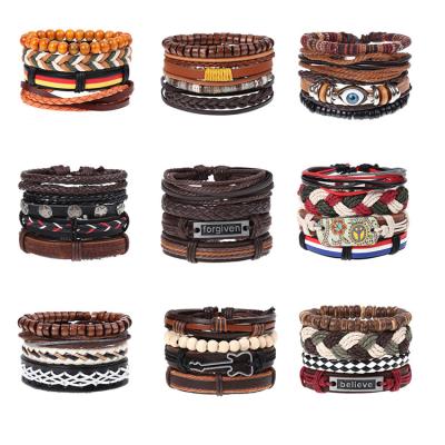 China Vintage 4 Pcs/Set New Men's Fashion Jewelry Accessories Charm Bracelet Fashion Personality Leather Bracelet Handmade Wooden Bead Bracelet for sale