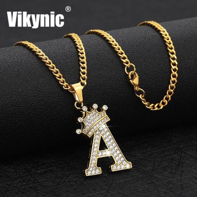 China Luxury Hiphop 18k Gold Plated Cuban Link Chain Zircon Micro Cubic Letter Pendant Necklaces Crown Pave Diamond CZ Alphabet Necklace for sale