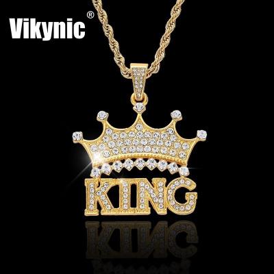 China Hiphop 18k Gold Plated Bling Cubic Zircon Crown Pendant Necklace Luxury Rhinestone Micro Pave Diamond CZ King Necklace for sale