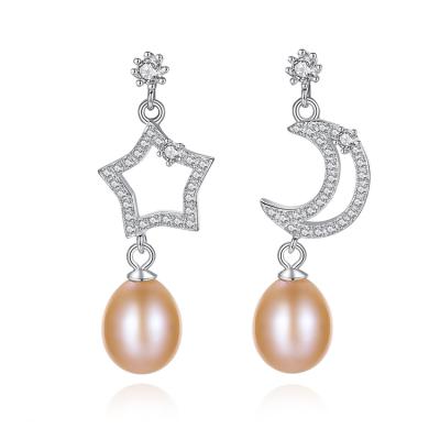 China S925 Jewelry Earring Moon Star Fine Asymmetry Dangle Shell Pearl String Earrings Elegant Pearl Jewelry In Silver Pearl Earrings for sale