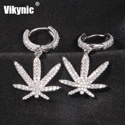 China New Iced Out Full Diamond Hip Hop Jewelry 18k Gold Plating Zircon Maple Leaf Earrings Hot Selling Punk Piercing for sale