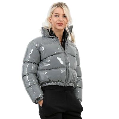 China Solid Color Waterproof Bright Finish Loose Collar Stand Shorts Padded Zipper Puff Women Cropped Bubble Jacket for sale