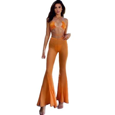 China 2022 New Fashion Women Anti-Wrinkle Flare Pants Women Orange Long Pants Tulle Bell Bottom Pants Long for sale