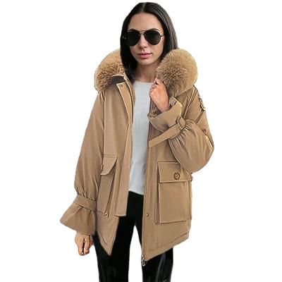 China 2021 Anti-wrinkle Solid Color Big Fur Slim Fit Pie Top Collar Drawstring Hooded Jacket Women's Autumn And Winter Coat Cotton Clothing for sale