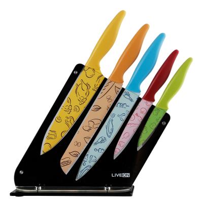 China Sustainable 5 Pcs Eco-Friendly Colored Kitchen Set Color Coating Kitchen Knife With Acrylic Block for sale