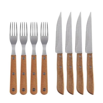 China Sustainable Stainless Steel 8-Pieces Acacia Handle Flatware Dinner Fork and Knife Bamboo Wood Set for sale