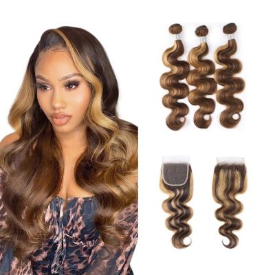 China Body Wave ZSF Hair Bundles With Closure Body Wave Highlights #4/27 Colored Hair Wholesale Virgin Brazilian Hair For Black Women for sale