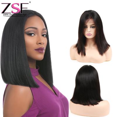 China ZSF Virgin Hair Wholesale Short 180 Density Brazilian Silky Straight Bob Wig 150 Unprocessed Virgin Lace Front Closure Wig With Baby Hair for sale