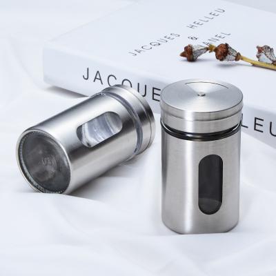 China Stainless Steel Spice Jar Glass Dredge Salt Sugar Spice Pepper Shaker Seasoning Box With Rotating Cover Kitchen Universal Tool for sale