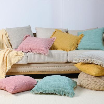 China Nordic Anti-static Vintage Waffle Spring And Summer Woven Pure Color Cotton Tassel Pillowcase Pillow Cushion Cover for sale