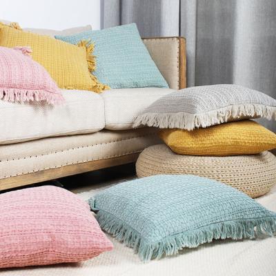 China Nordic Anti-static Vintage Waffle Spring And Summer Woven Color Tassel Pillow Cases Pure Cotton Cushion Cover for sale