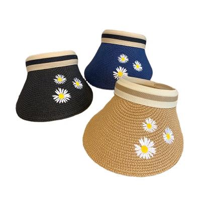 China High quality wholesale empty top female fashionable hat daisy embroidery sun visor beach straw hat small for sale