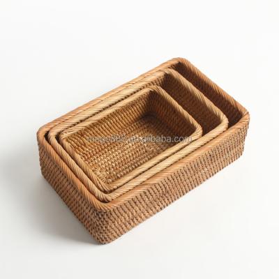 China Sustainable Rattan Hand & Fruit Storage Basket Woven Rectangular Wicker Serving Tray With Handles Bread Cake Baked Goods Basket Home Storgae for sale